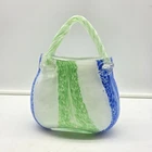 Vintage MCM Murano Style Hand Blown Glass Purse Green, White & Blue – 9" Tall