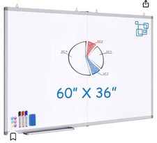 magnetic white board 60x36 with marker tray 1 eraser 3 markers and 6 magnets