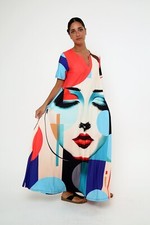 Women's Abstract Art Face Half Sleeve Maxi Dress With Pocket