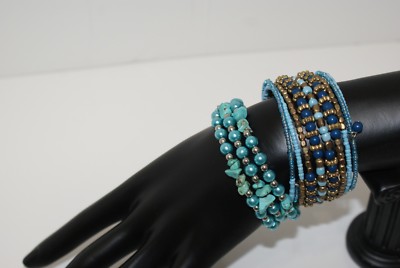 Beaded Turquoise Blue Gold Tone Stone Chip Wrap Around Bracelets Lot of 2