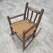 Vintage Antique Cabin Stel Children's Rocking Chair Wood Rustic Wooven Primative
