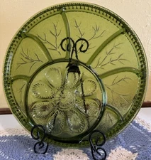 Vintage Indiana Green Glass Deviled Egg Divided 12.7" Round Serving Platter Tray
