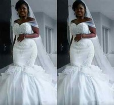 Plus Size Mermaid Wedding Dresses Lace Applique Off Shoulder Beaded Bridal Gowns