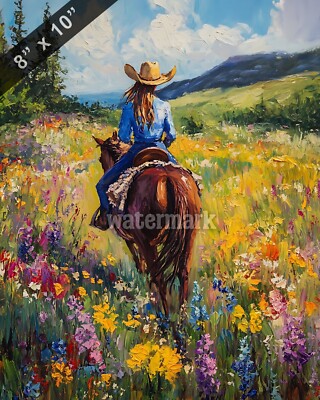 Cowgirl riding through a field of wildflowers oil Painting 8x10 Print