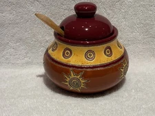 Vintage Mid Century Modern Ecuadirian Artesa Lidded Suger Bowl with Wooden Spoon