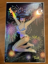 Fantasy World Bettie Page FOIL 4 luglio pin-up stelle righe bikini fuochi d'artificio LE