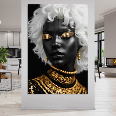 Wandbild, Luxus Mode Farbige Frau mit goldenem Make-up, Acrylglas, Leinwand