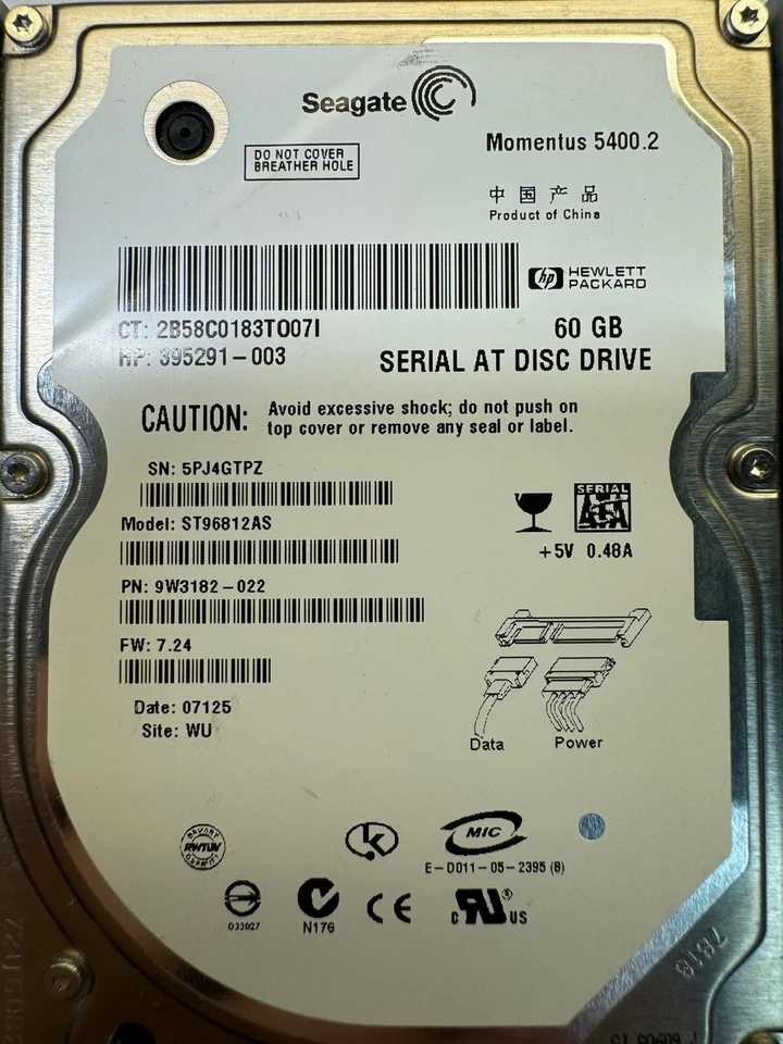 HP 395291-003 ST96812AS 9W3182 60GB 5.4K RPM 8MB CACHE 3Gb/s SATA 2.5" HDD - Image 2 of 4