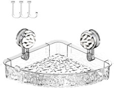 Suction Cup Corner Shower Shelf Corrugated Holder, Organizer with 3 Hooks No-Dri