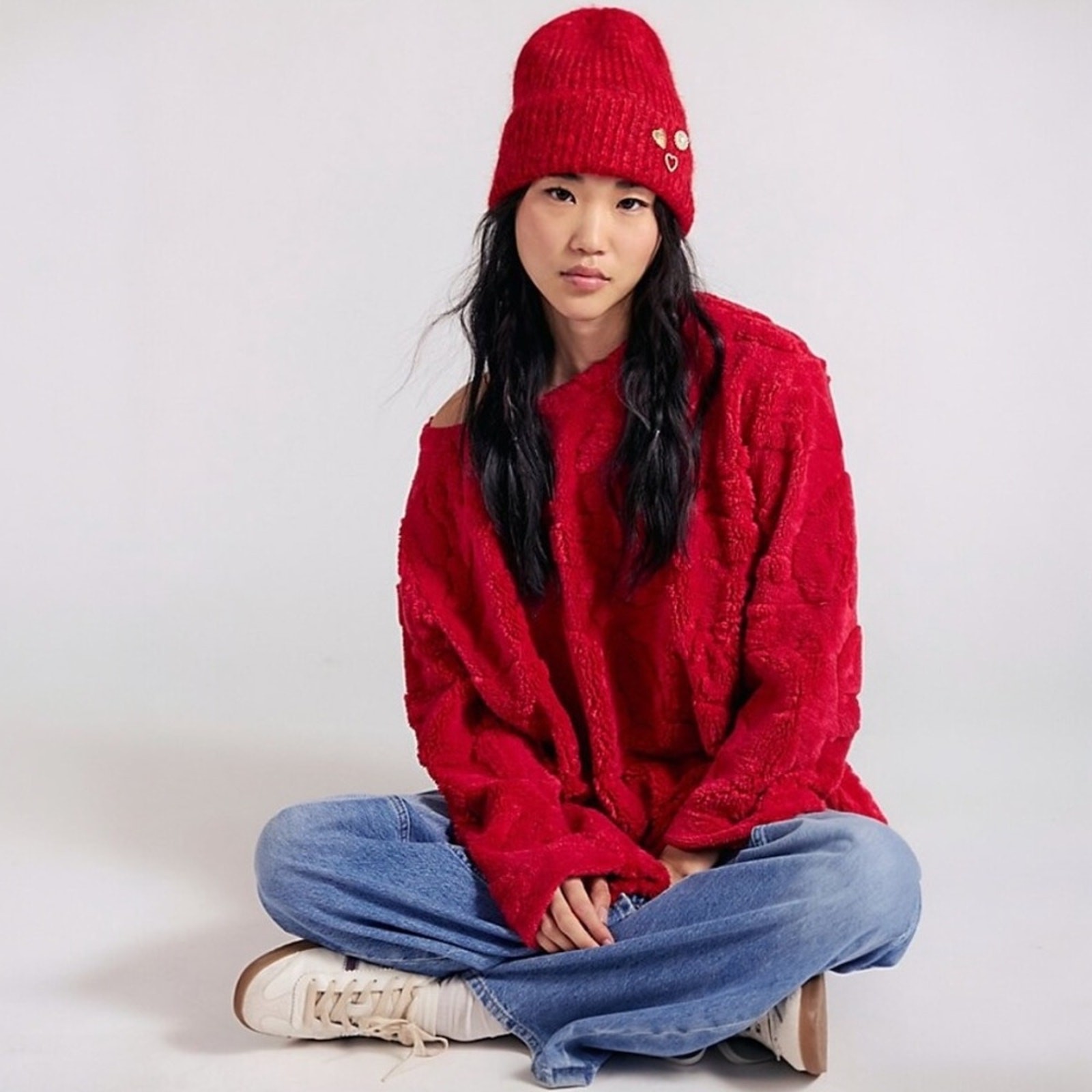Suéter Free People Grande Romántico Calla Sherpa en Rojo Floral XL NUEVO CON ETIQUETAS