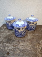 Spode Blue Italian, Tea, Coffee and Sugar canisters. PERFECT. Made in England.