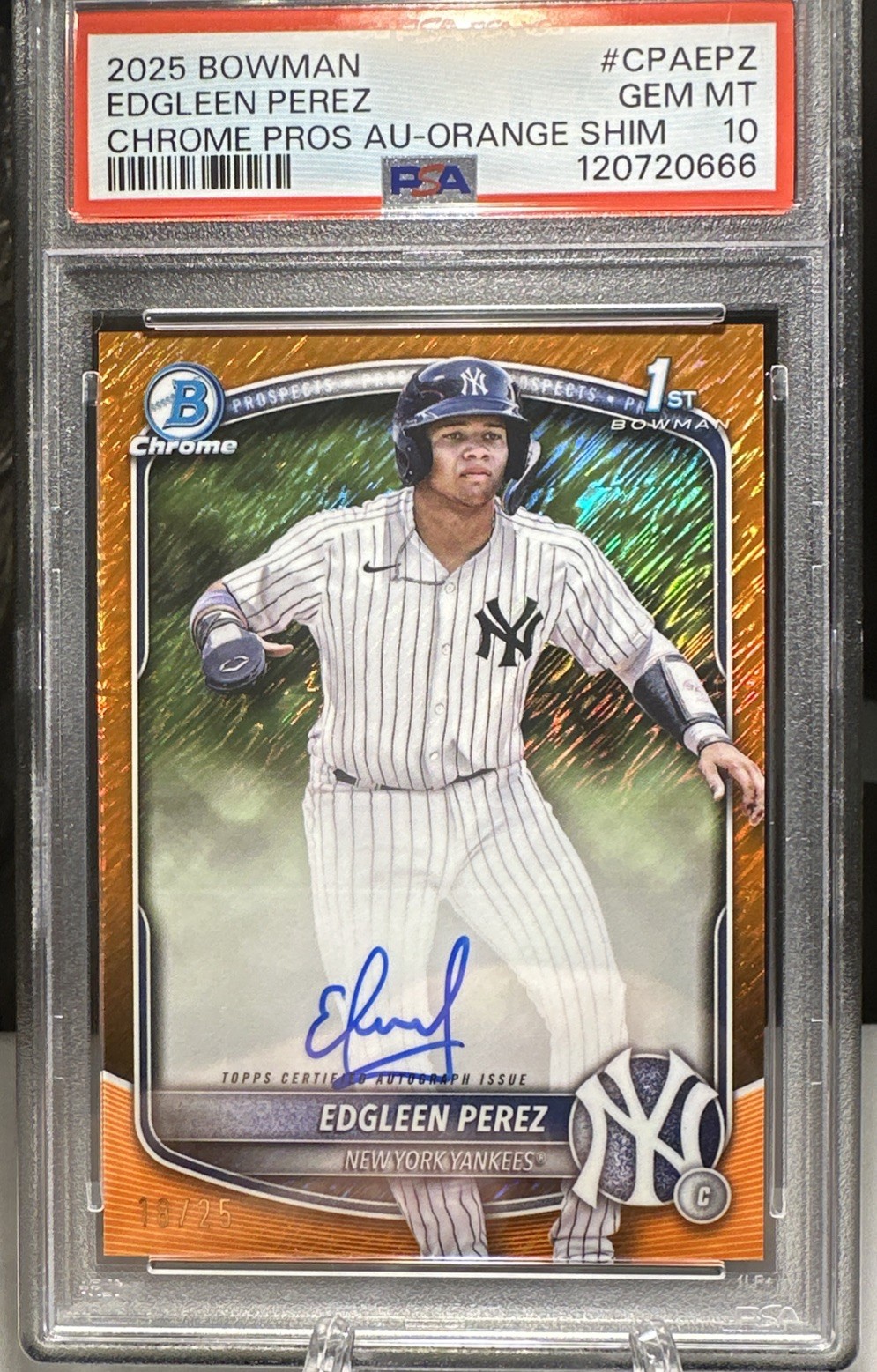 2025 Bowman Chrome 1st Edgleen Perez Orange Shimmer Auto #18/25 Yankees CPA-EPZ