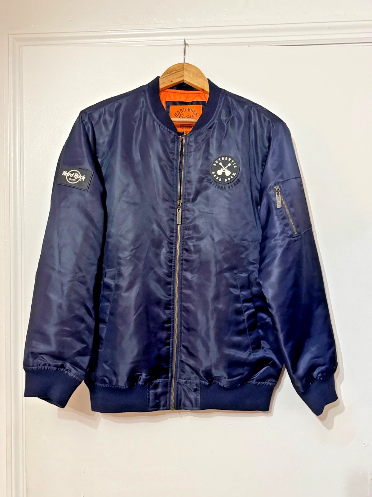 Hard Rock Guitar Co | Quilted Bomber Jacket | Mens (S) | Navy Blue Orange | NWT image 1