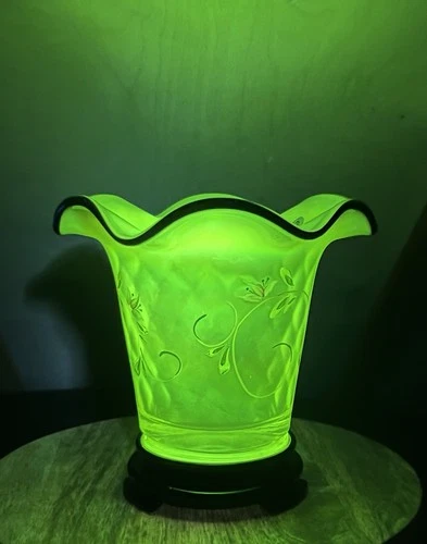 Fenton Iridescent Topaz URANIUM Glass “Lily Trail” Flip Vase with Stand