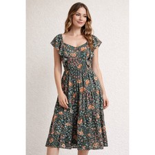 Monteau Los Angeles Floral Tiered Midi Dress Cottagecore Flutter Sleeve Medium