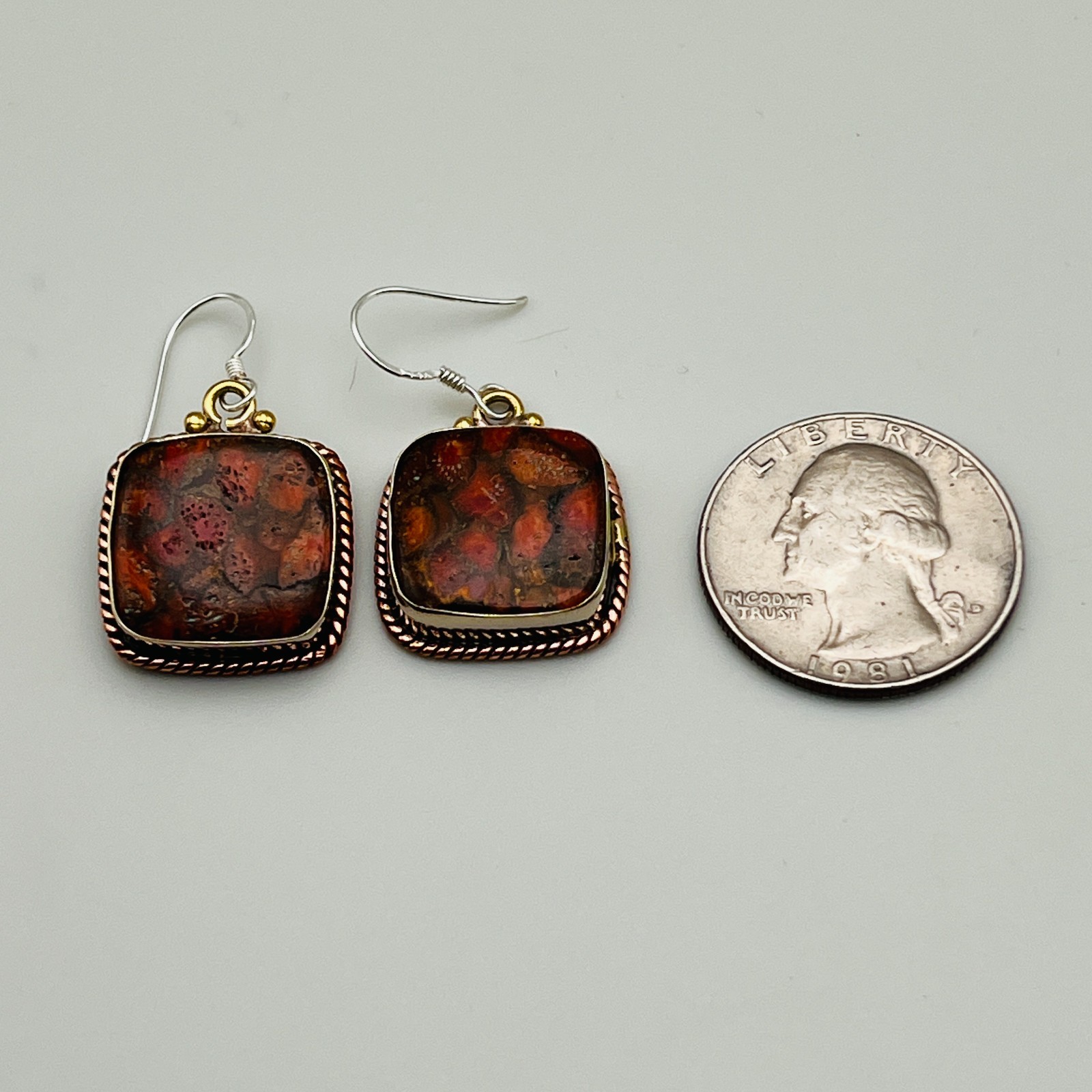 Dangle Earrings Square Jasper Stone Two Tone Pier… - image 5