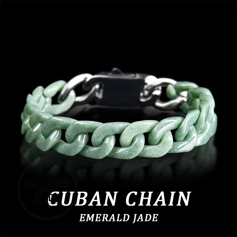 Pulsera y collar de cadena de eslabones cubanos de jadeíta grado natural grado A joyería de jade hip hop Foto 2 de 4