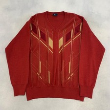 Vintage Knitted Jumper Abstract Patterned V-Neck Grandad Knit Sweater, Brand Is