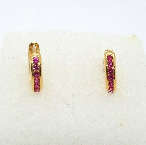 14K Yellow Gold Over Simulated Red Ruby Channel Set Hoop Earrings Free Box