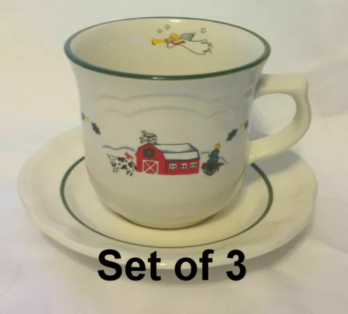 Set of 3 Pfaltzgraff Snow Village Christmas Coffee Mug Cup & Saucers