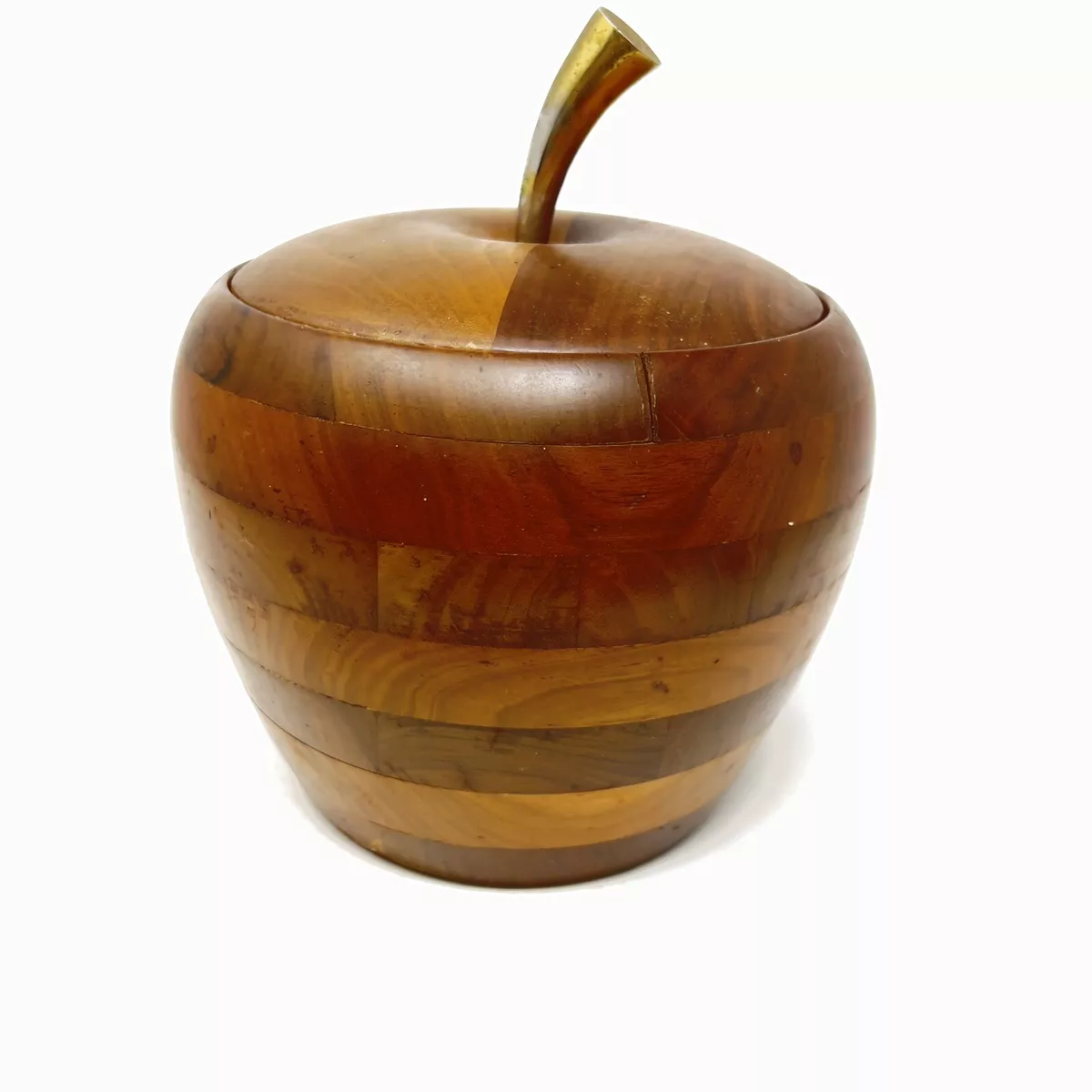 Mid Century Modern Walnut Wood Apple Ice Bucket Brass Stem Glass Interior MCM