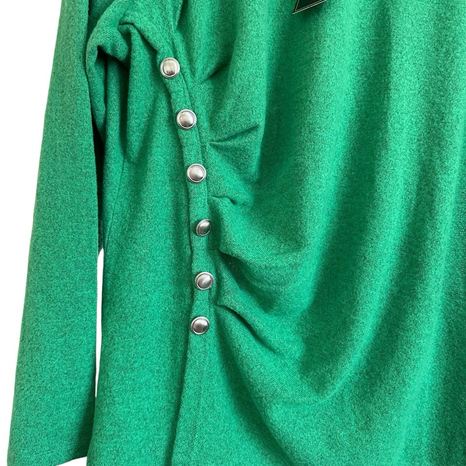 DG2 Diane Gilman Brushed Knit Side Snap Sweater Top 1X Heather Green