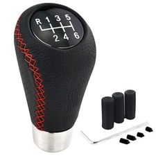6-Speed PU Leather Gear Shift Knob Red Stitch Manual Shifter for Most Cars