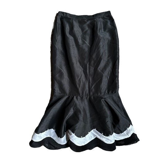 Vintage 90s Maxi Skirt Mermaid Black White Scalloped Hem Fit Flare Fairy Silky