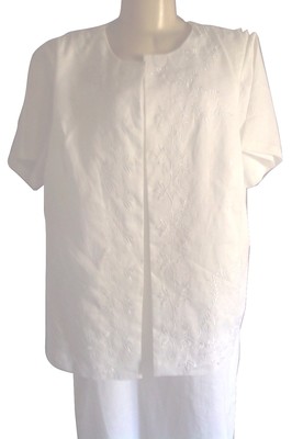 Lino USA Solid White Linen Embroidery Short Sleeve Mid-Calf 2-Pcs Dress Plus 2X