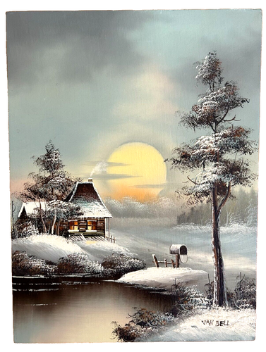Van Bell Ölgemälde Kunst Winterszene Haus Sonne signiert ungerahmt Vintage