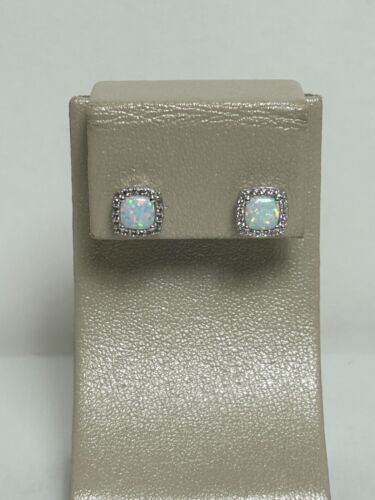 CHARMING 10K WHITE GOLD OPAL & CZ ACCENT STUD EARRINGS - Picture 6 of 17