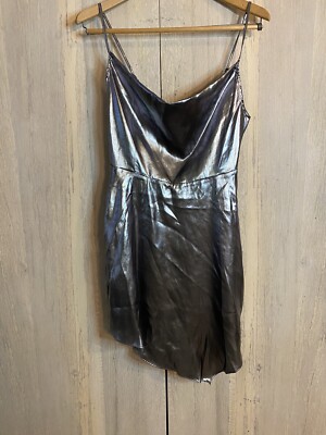urban outfitters metallic dress Urban Outfitters Metallic Silver Satin Shirt Mini Dress Button Down Midnight S