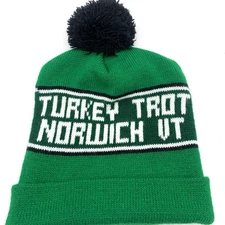 Norwich Vermont Turkey Trot Adult Beanie Cuffed Bobble Hat Green Striped