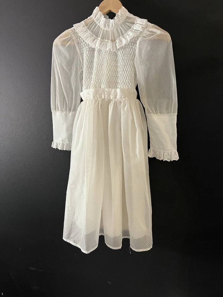 Rare Vintage Poly Flinders 1960’s Hand Embroidered Off White Size 8 Girls Dress - Image 2 of 4