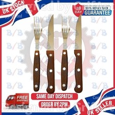 4PC STEAK KNIVES AND FORKS WOODEN HANDLE SHARP SERRATED BLADE CUTLERY KNIFE SET