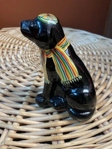 Fenton Black Lab Dog Figurine Hand Painted With Scarf and Hat Signed S. Waters
