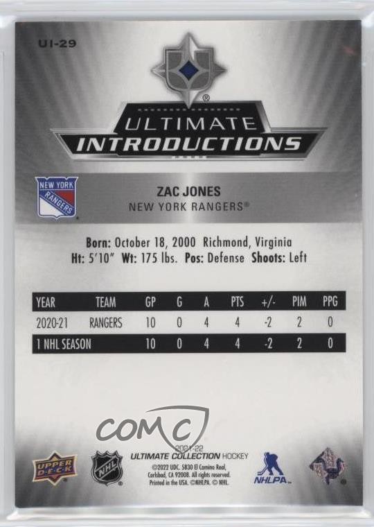 2021-22 Upper Deck Ultimate Collection Introductions Zac Jones #UI-29 ...