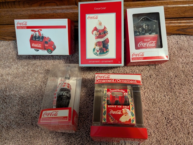 Vintage  5 Coca Cola Christmas Ornaments NIB