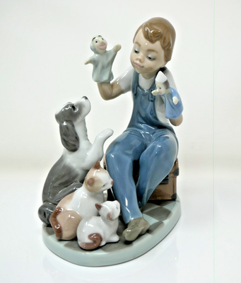 VTG Lladro Puppet Show Figurine 5736 Boy Animals Dog Cats RETIRED