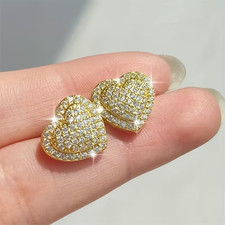 1-Pair Heart Stud Earrings Golden Cubic Sparkle