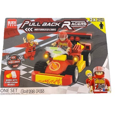 Block Tech ~ Pull Back Racers Motorized Cars ~ 2 Figures &  1 Race Car 123pc