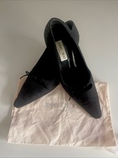 Jimmy Choo Kitten Heel Pumps Dark Gray Denim Wool Cutout Urban Bowtie 40 / 10 US