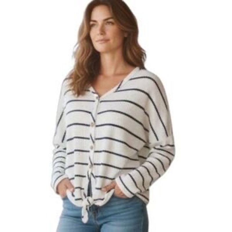 Paper Crane Waffle Knit Button Down Top Tie Waist Front Lon Sleeve Striped EUC S