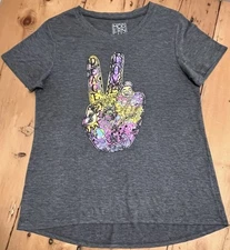 MODERN LUX peace t-shirt XL Gray high-low, Earth Hippie Boho Distressed Graphic