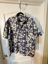 Tommy Hilfiger button up Blue & White Hawaiian Leaf Print short sleeve cotton XL