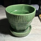 McCoy Green Ceramic Art Pottery Planter Round Mid-Century Modern with Saucer