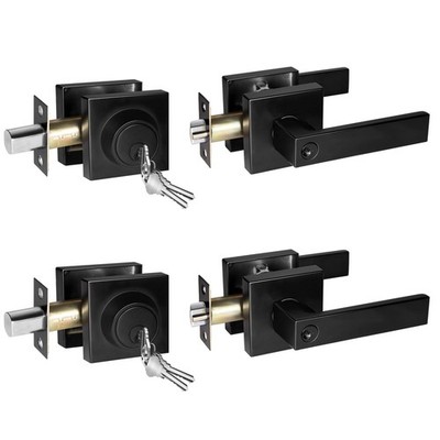 Matte Black Entry Door Lock and Deadbolt Combo, 2 Pack, Keyed Alike Square Do...