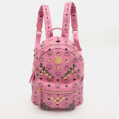 MCM Stark Studded Small Pink Visetos Coated Canvas Backpack