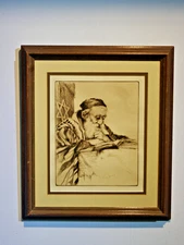 Rabbi Studying-  Framed Etching- Elias Grossman - Judaica