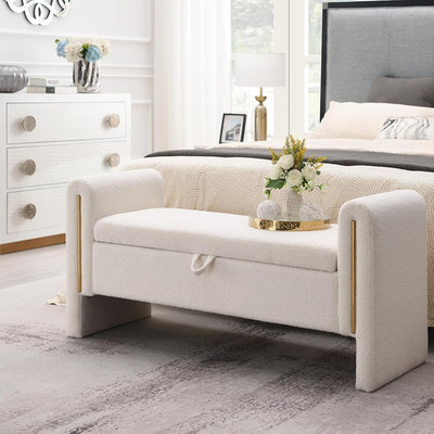 Cozy White Upholstered Storage Ottoman with Solid Wood Legs for Any Room